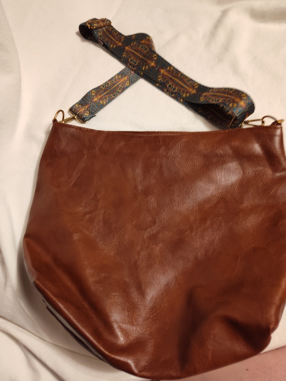 Women's Brown Leather Hobo Bag with Patterned Strap